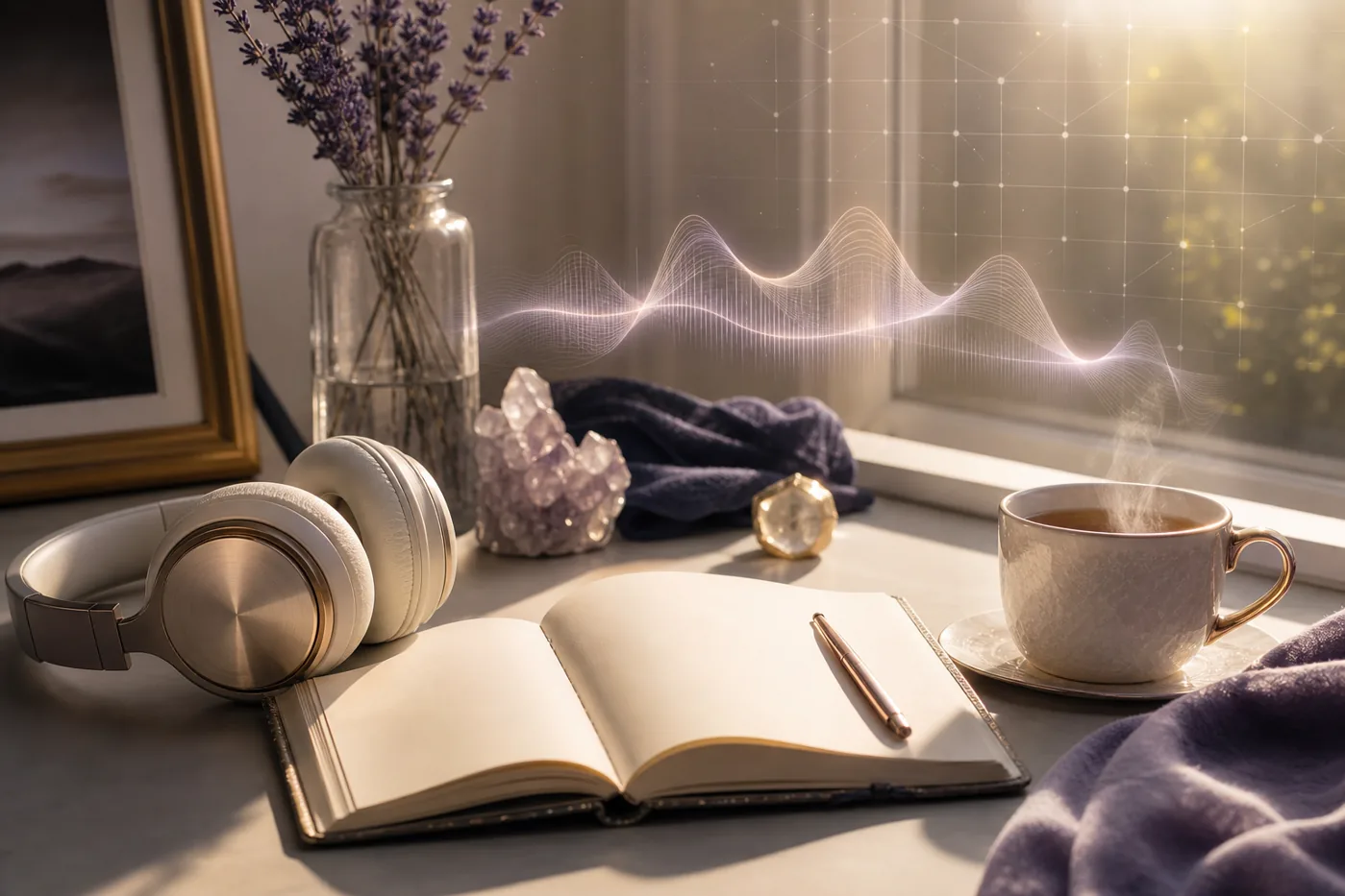 Notebook and headphones for planning a realistic memory audio habit