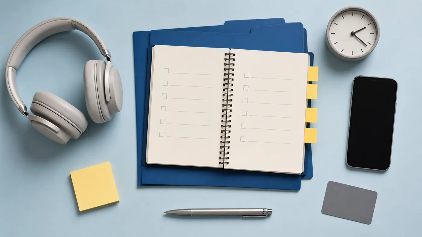 Headphones, blank checklist, timer, phone, and face-down card arranged for a buyer decision