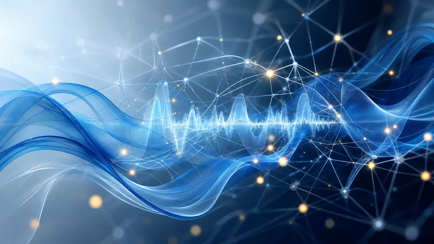 Abstract blue sound ribbons around a neutral lattice illustrating the advertiser’s Gamma-wave concept