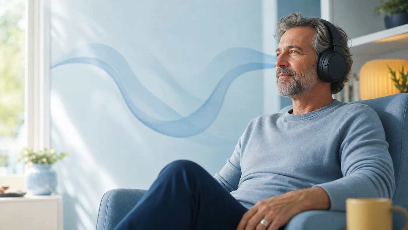 Thoughtful adult using headphones in a bright home listening space