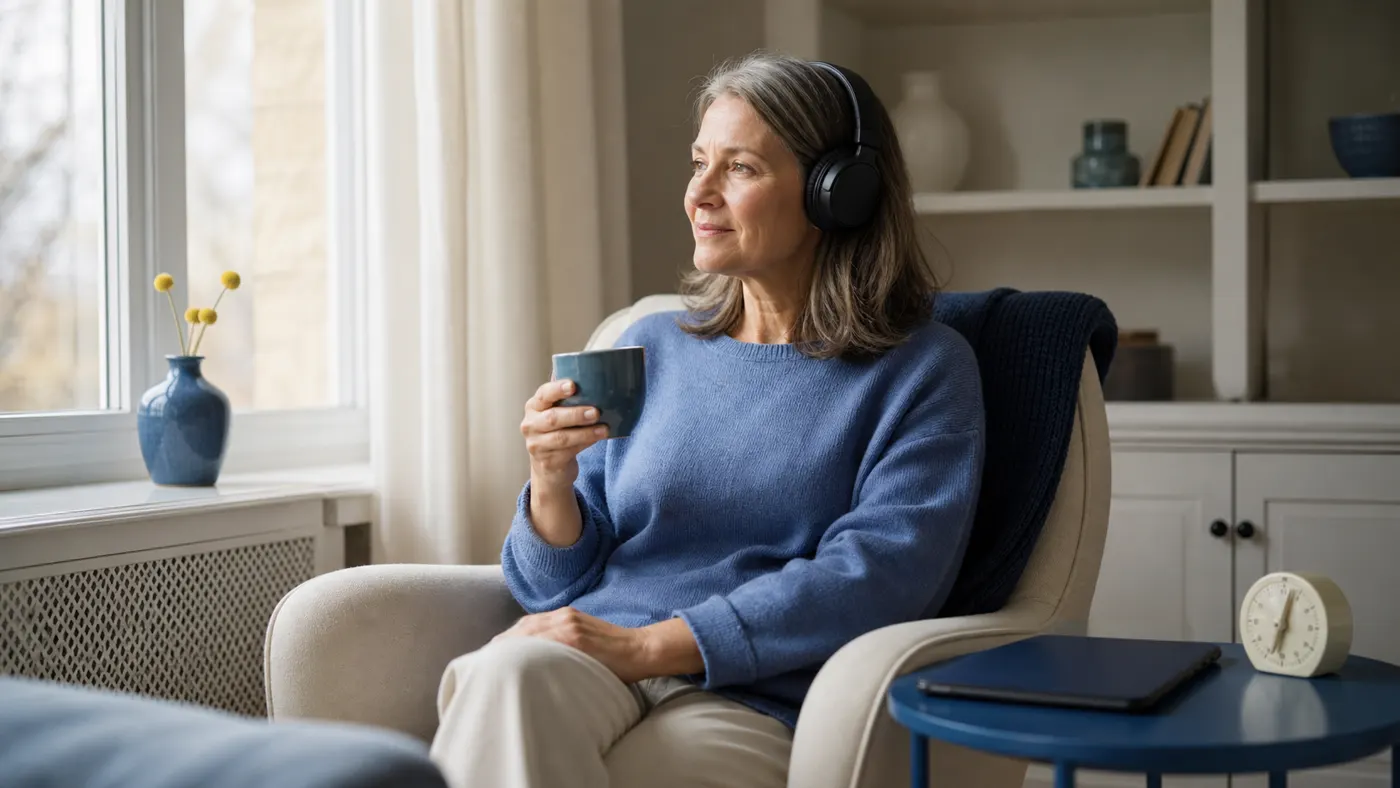 Adult using headphones beside a simple timer and tea during a home audio routine